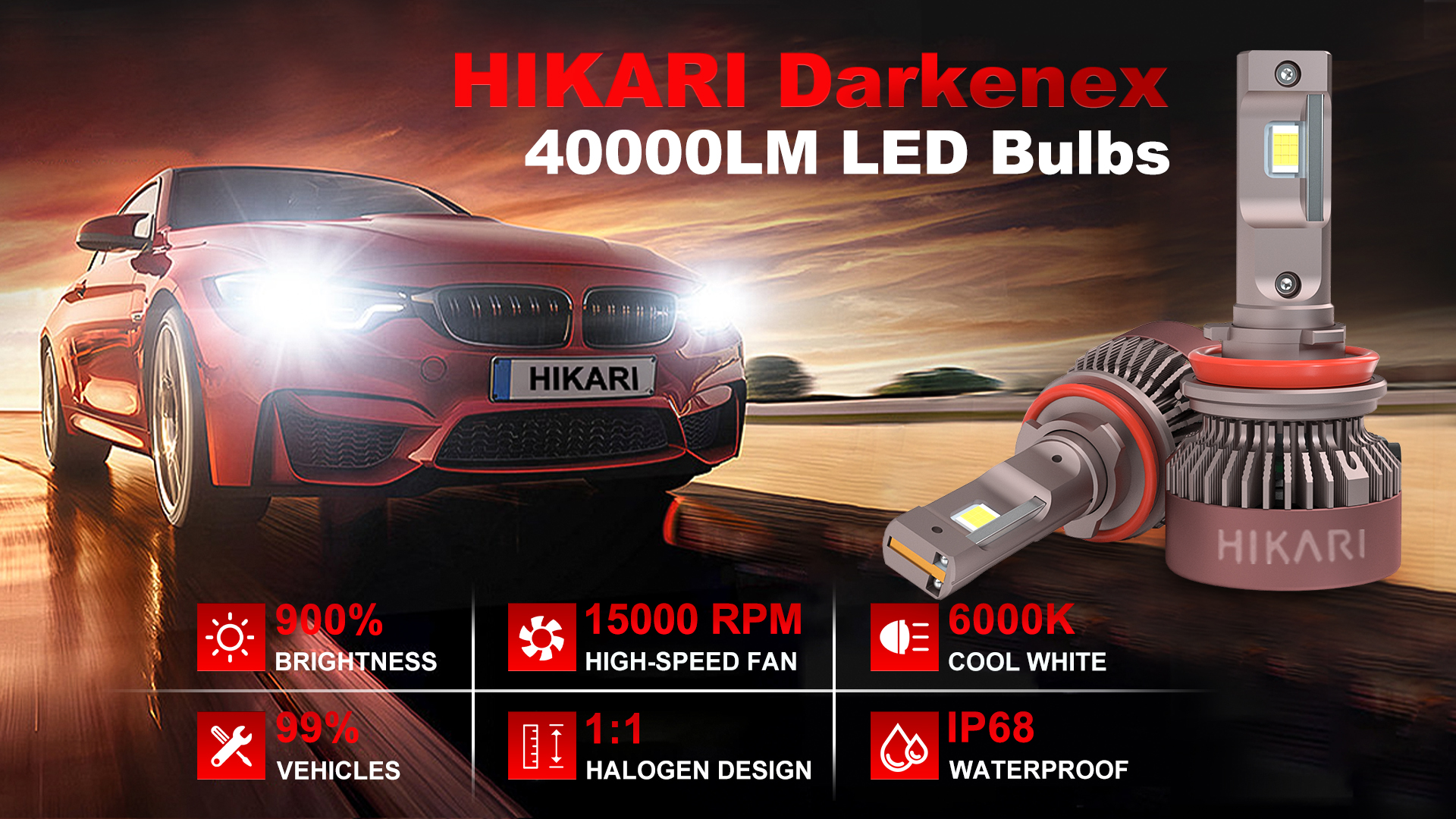 Hikari 2025 Darkenex H11/H8/H9 LED Headlight Bulbs 40000LM